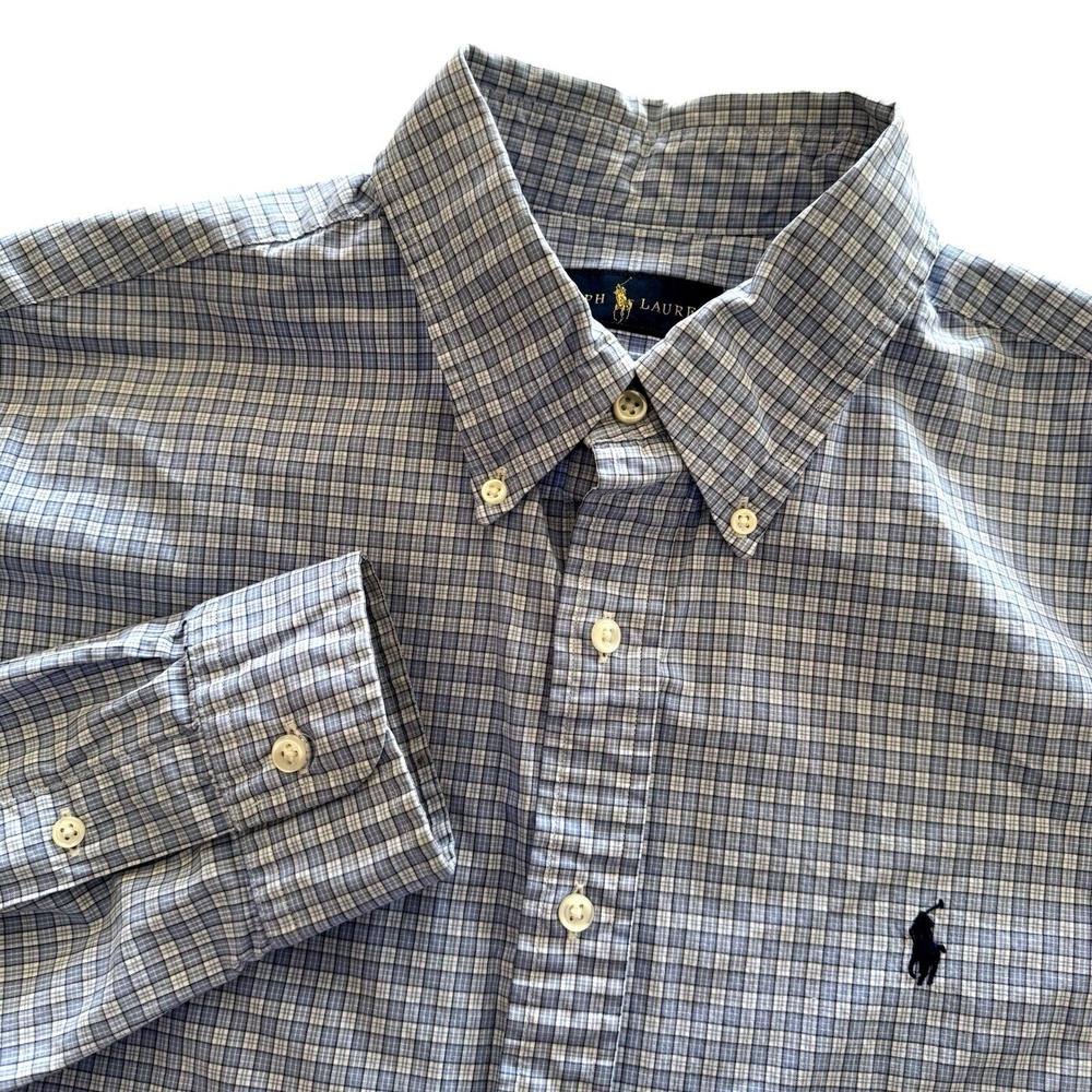 Polo Ralph Lauren Mens Blue White Check Button Down Shirt 17 43 Cotton Long